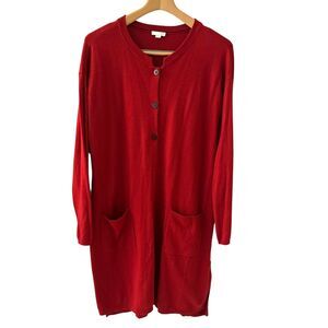 J. Jill Women's Red Polyester Wool Blend Triple Button Long Cardigan Duster L